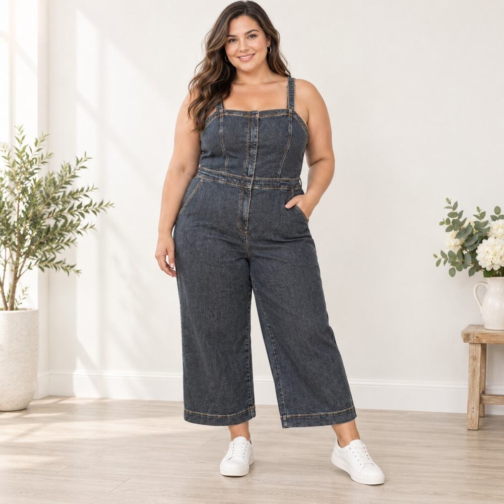 Torrid 2X Super Soft Denim Jumpsuit Blue Wide Leg Cropped Stretch Pockets
